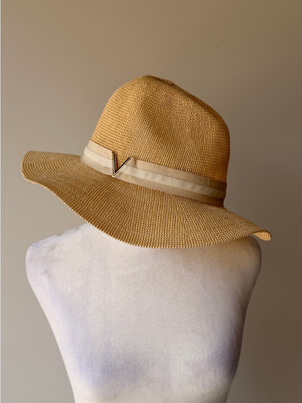 Vince Camuto Tan Straw Floppy Hat with Ribbon Trim